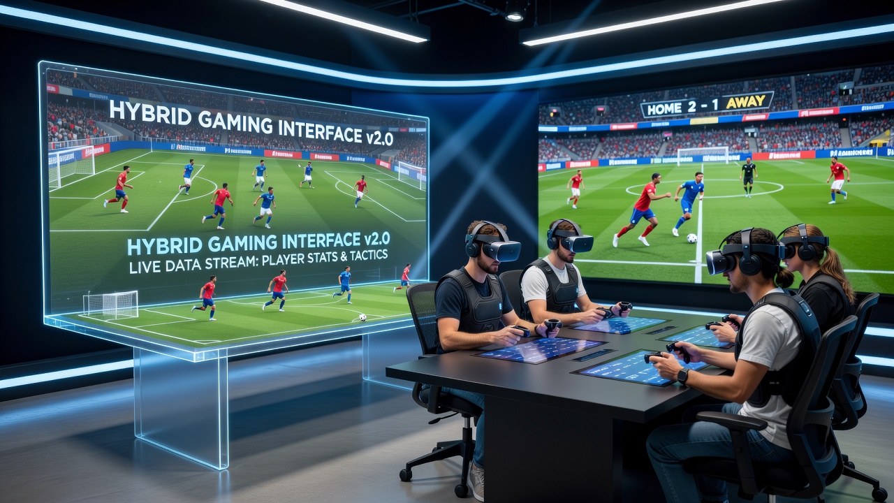 Hybrid gaming interface showing virtual poker table overlaid on a live soccer match broadcast