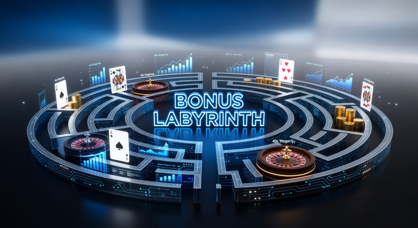 Illustration of a complex maze representing the challenges of navigating casino bonus wagering requirements, with golden coins and slot symbols winding through paths