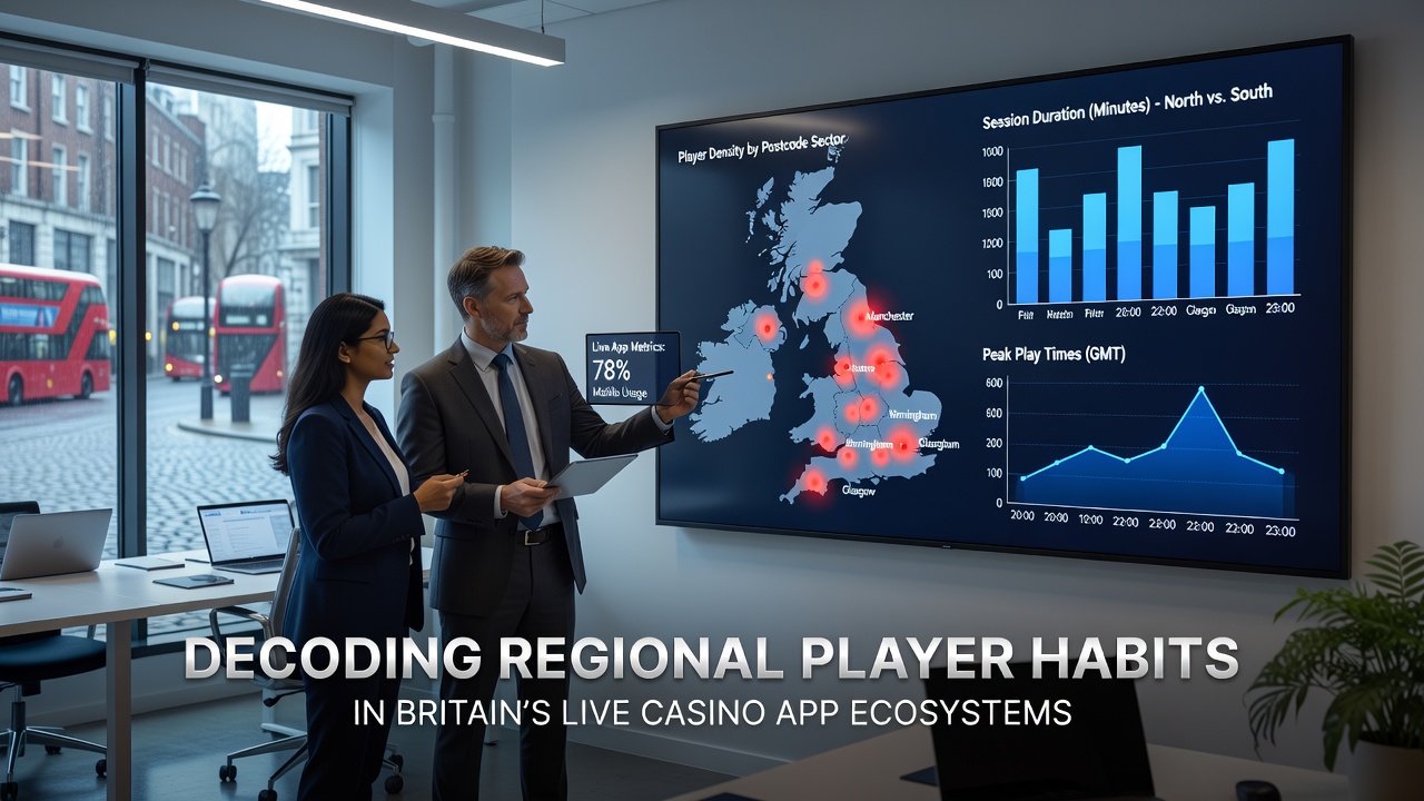 Map overlay showing live casino app activity levels across different UK regions with player icons