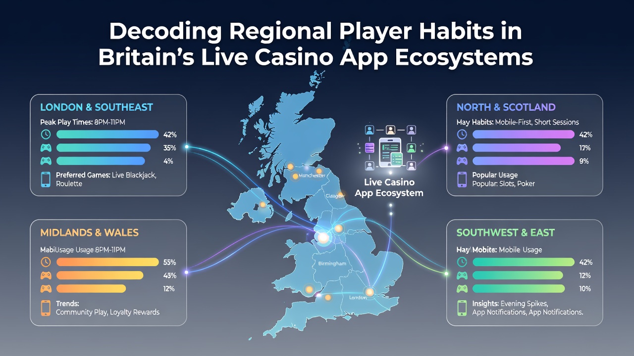 Infographic comparing live casino session durations and game preferences between northern and southern UK regions