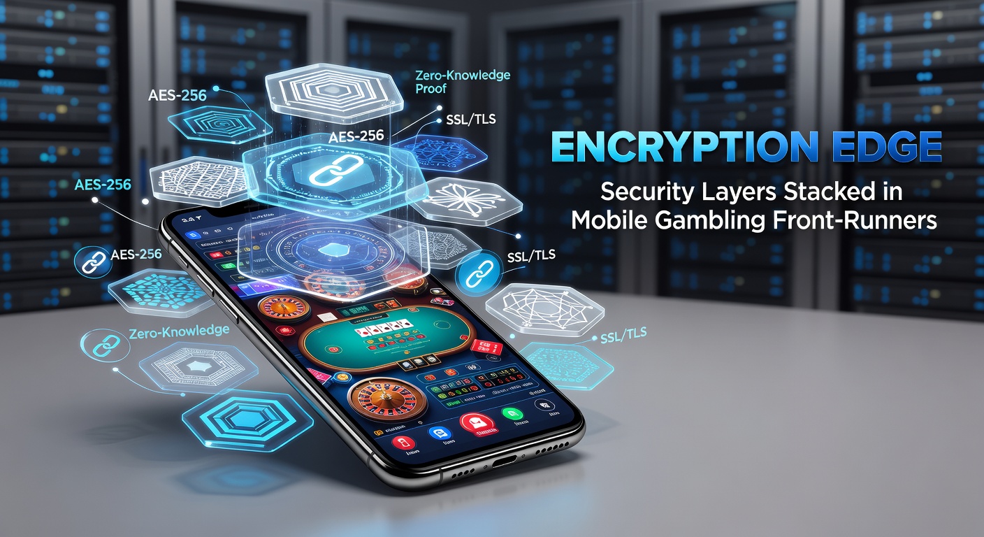 Visual representation of stacked encryption layers protecting a mobile gambling app interface, showing locks, shields, and data streams