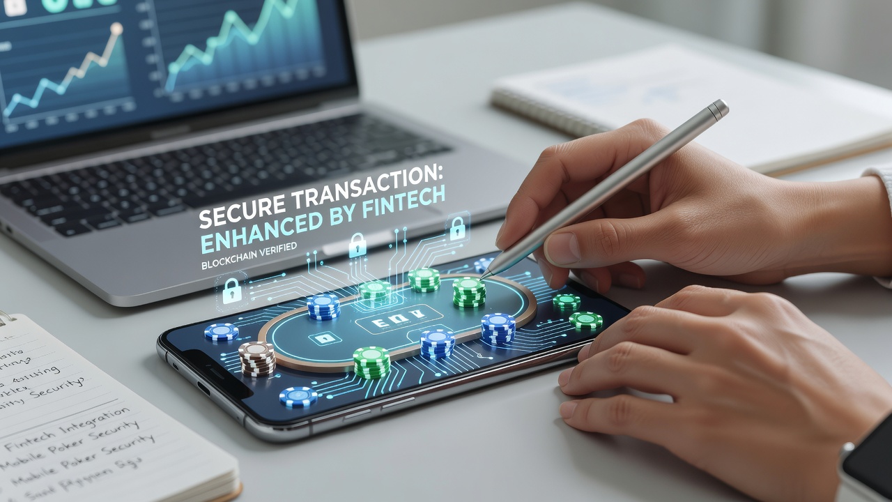 Mobile poker app interface displaying secure transaction elements including biometric login and encrypted payment icons