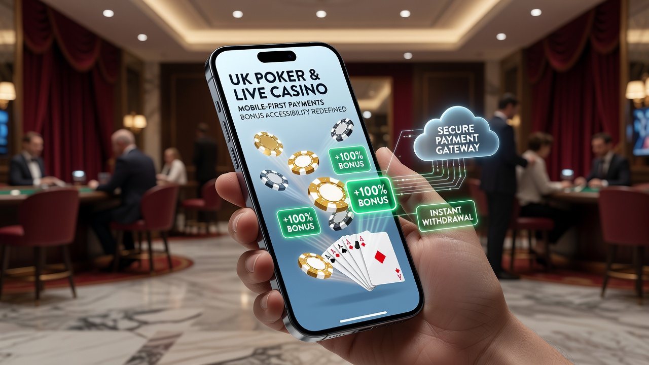 Mobile payment interface displayed on a UK poker app screen showing instant deposit and bonus activation