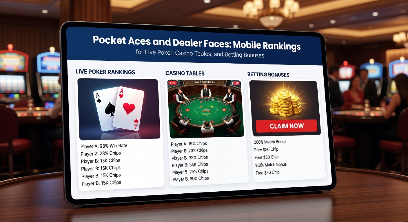 Comparative chart on mobile device showing rankings of poker apps, casino tables, and bonus offers with graphs and icons