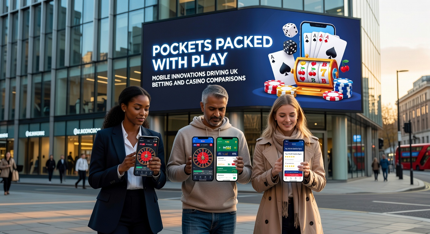 Close-up of hands holding a phone with casino slot reels spinning and betting slips overlayed, set against a dynamic nightlife scene