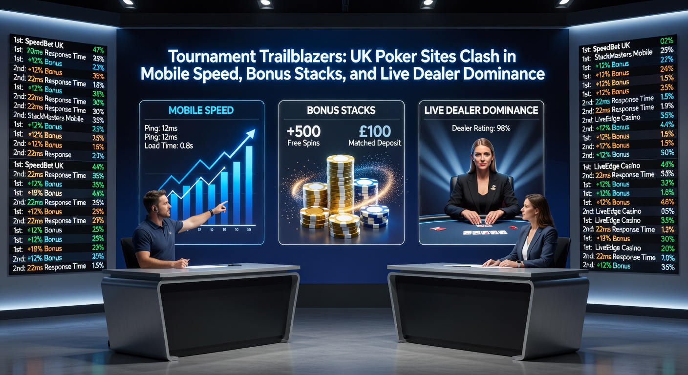 Live dealer poker table with professional croupier dealing cards in a high-tech studio, viewed on a tablet device