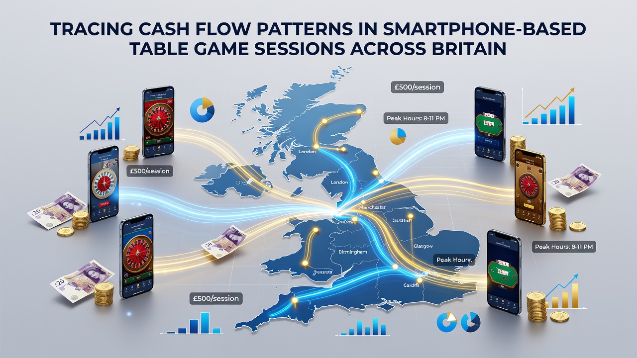 Smartphone displaying live table game session with overlaid cash flow tracking metrics and regional Britain map