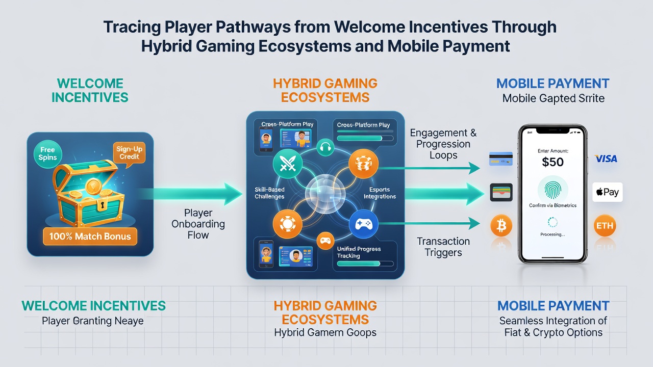 Diagram showing mobile payment integration within hybrid gaming ecosystems and player progression routes